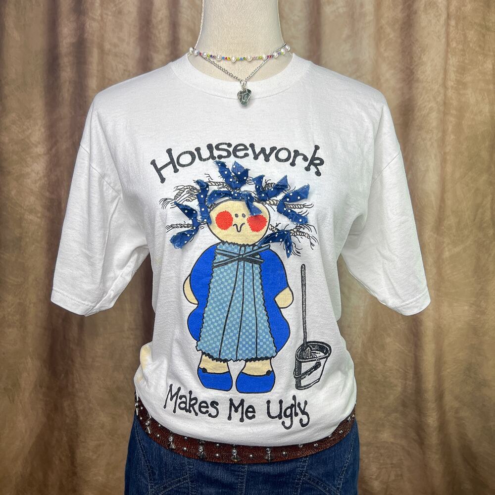 Vintage Graphic T-Shirt 90s Housework Makes Me Ugly Patchwork Cartoon Novelty